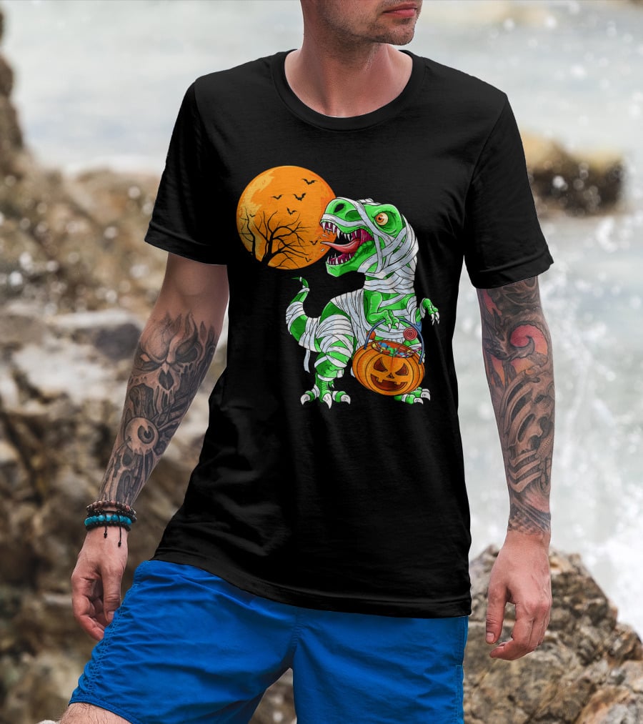 Halloween Mummy T Rex With Pumpkin Candy Under Full Moon T-Shirt