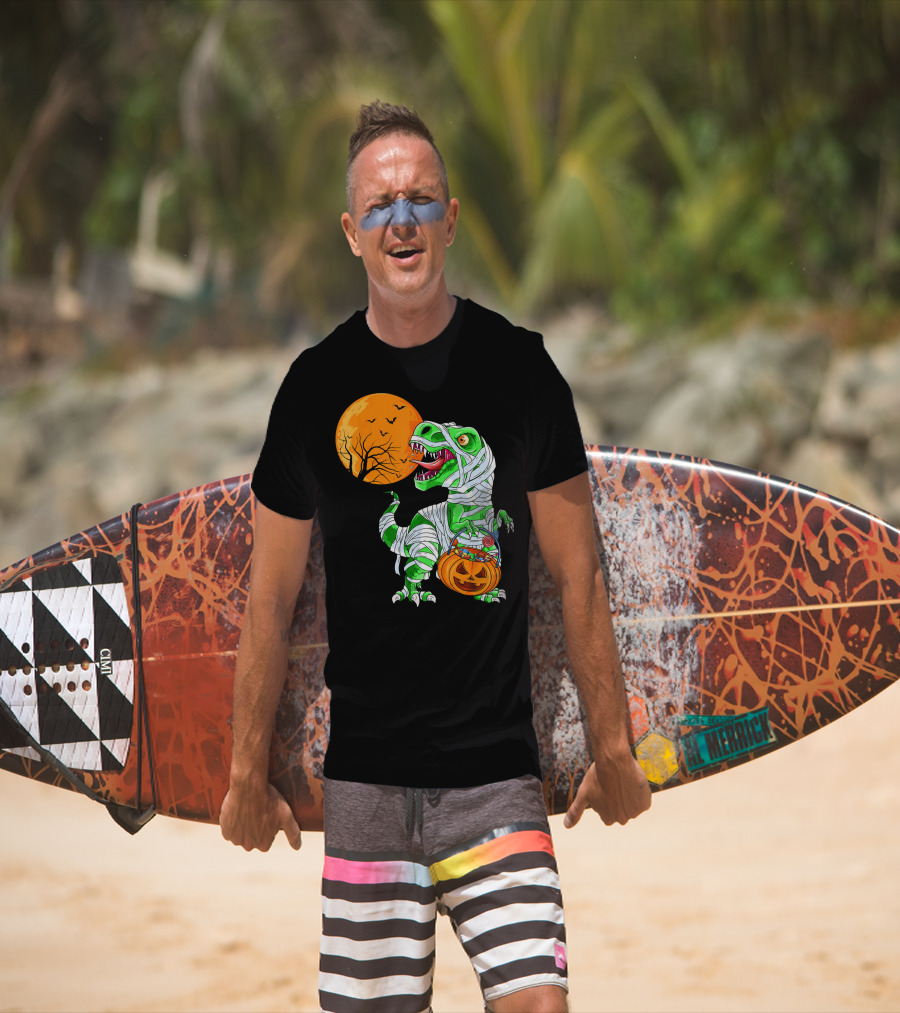 Halloween Mummy T Rex With Pumpkin Candy Under Full Moon T-Shirt