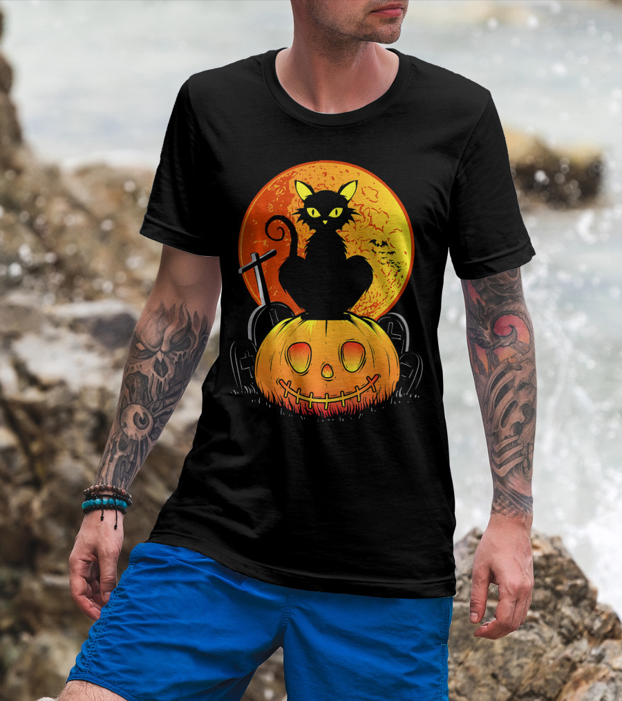 Halloween Black Cat On Pumpkin With Full Moon And Graveyard T-Shirt