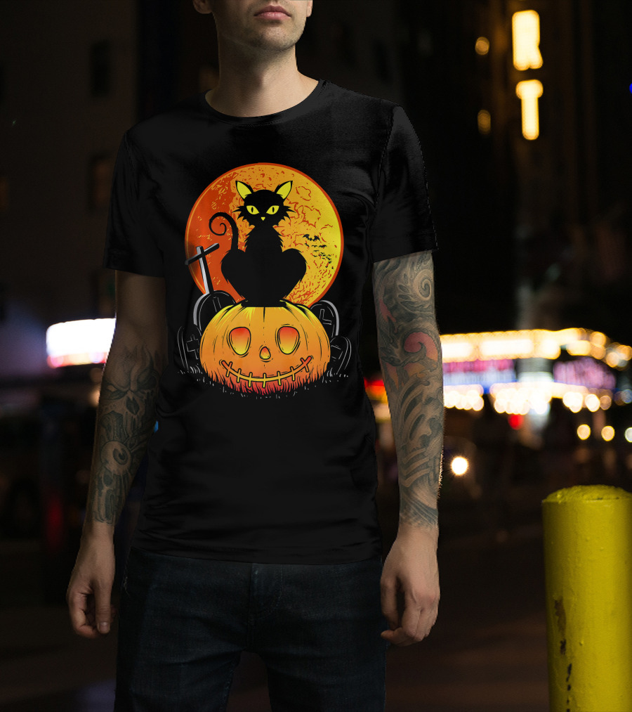 Halloween Black Cat On Pumpkin With Full Moon And Graveyard T-Shirt