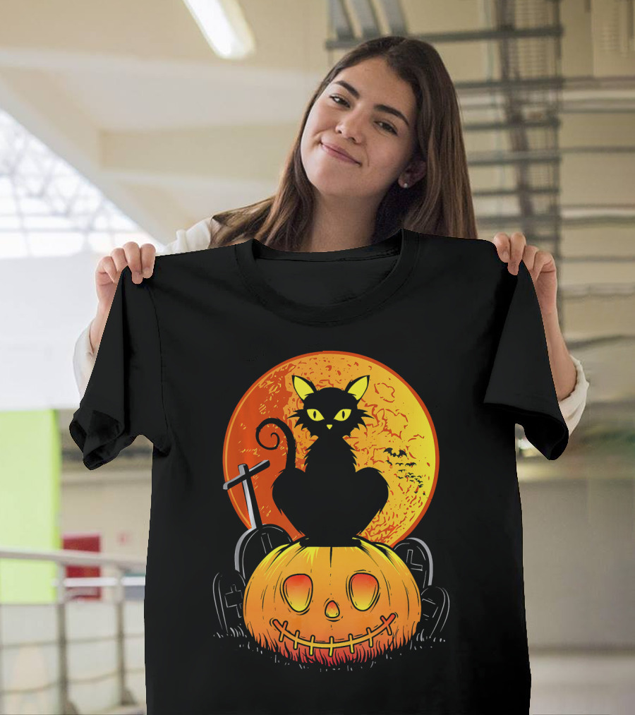 Halloween Black Cat on Pumpkin with Full Moon and Graveyard T-Shirt