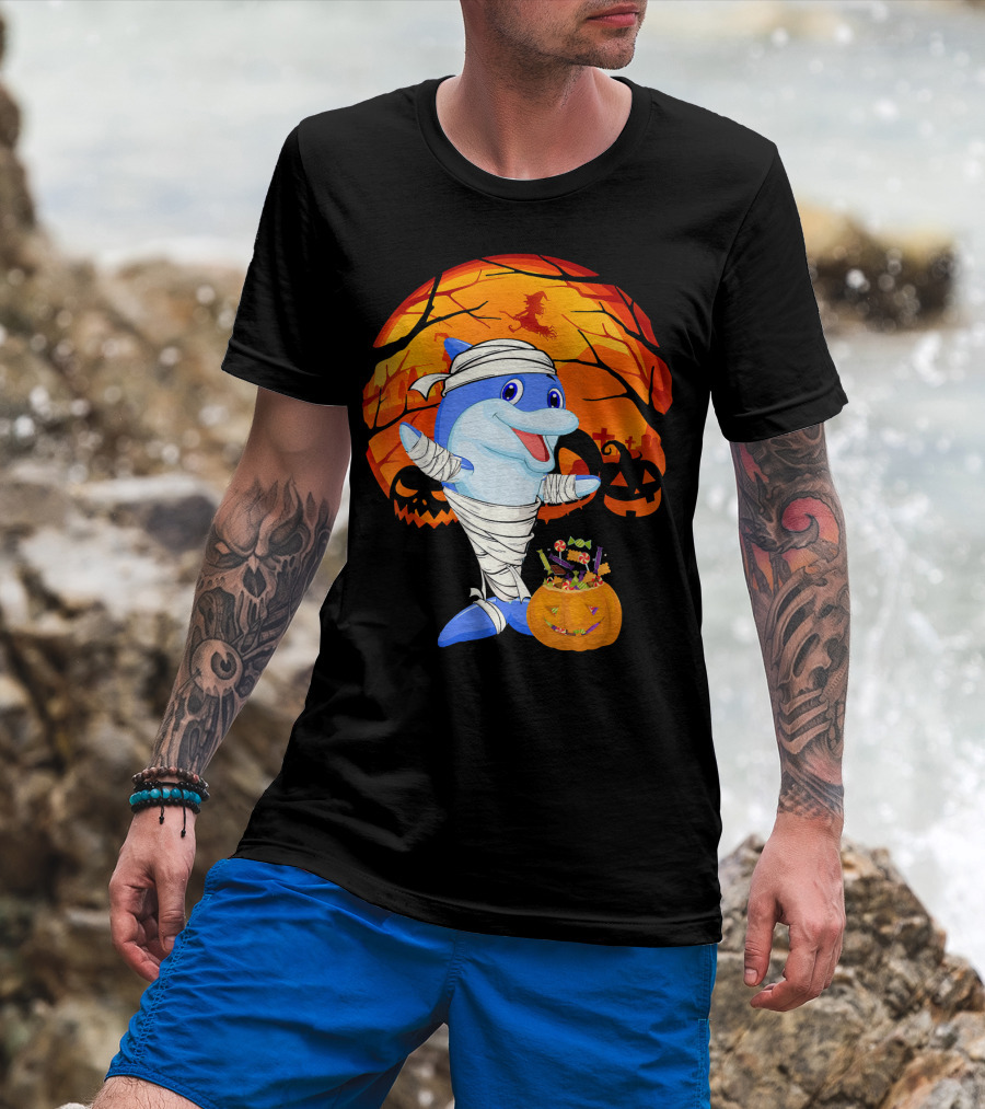 Halloween Dolphin Mummy With Candy Pumpkin And Witch Full Moon T-Shirt