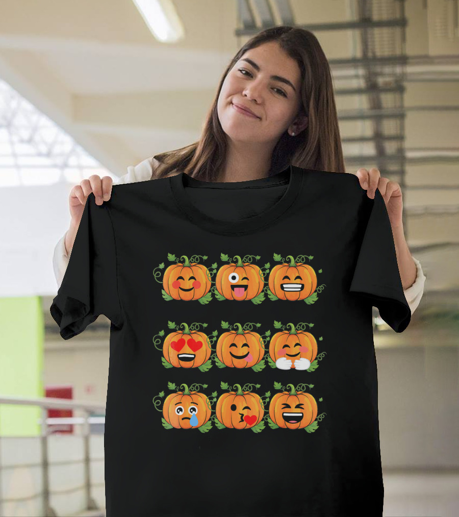 Pumpkin Emoji Faces Smiling Laughing Heart Eyes Winking Funny Expressions T-Shirt