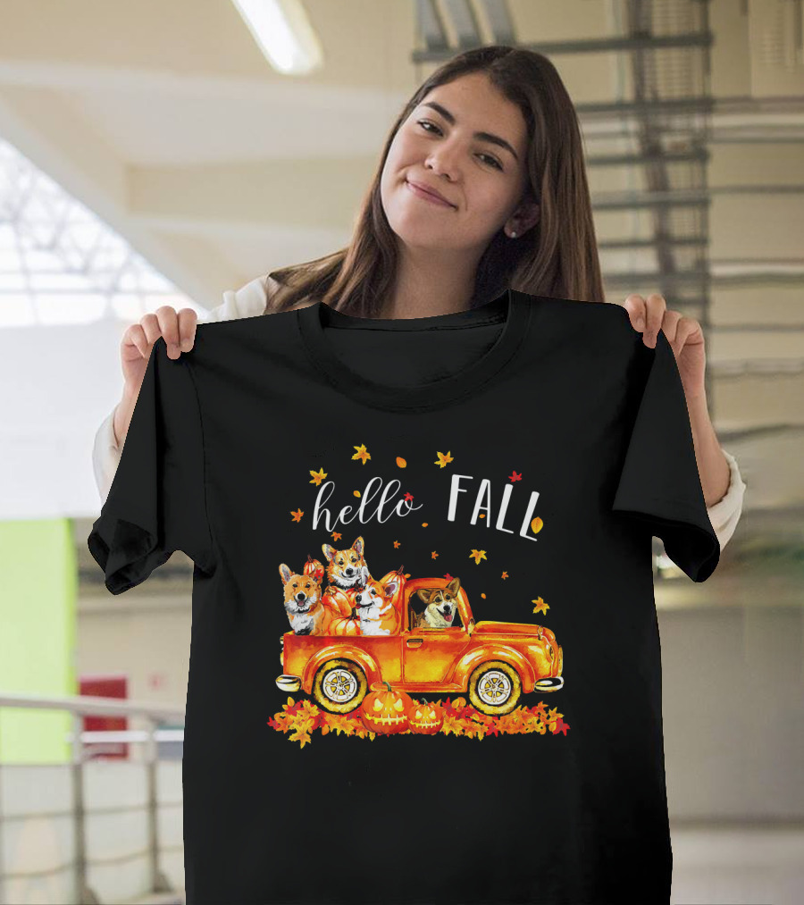 Hello Fall Corgis in Truck with Pumpkins and Leaves T-Shirt