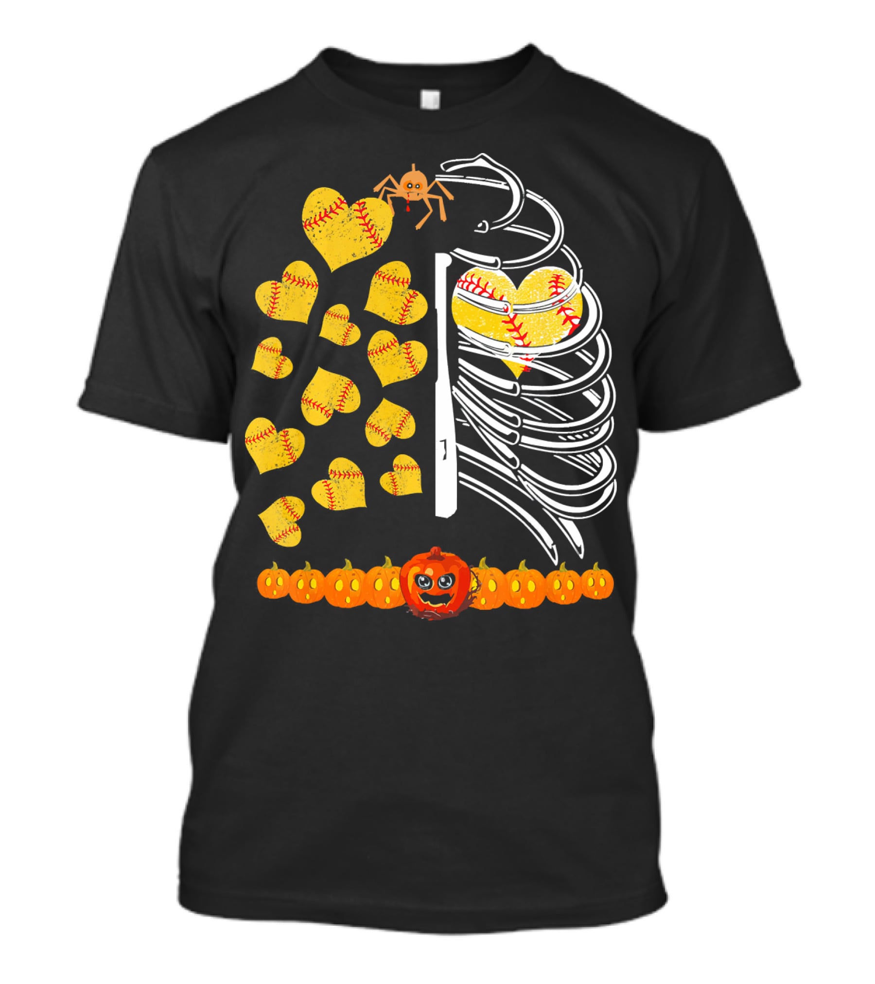 Funny Halloween Skeleton Softball Hearts Pumpkins Spider T-Shirt