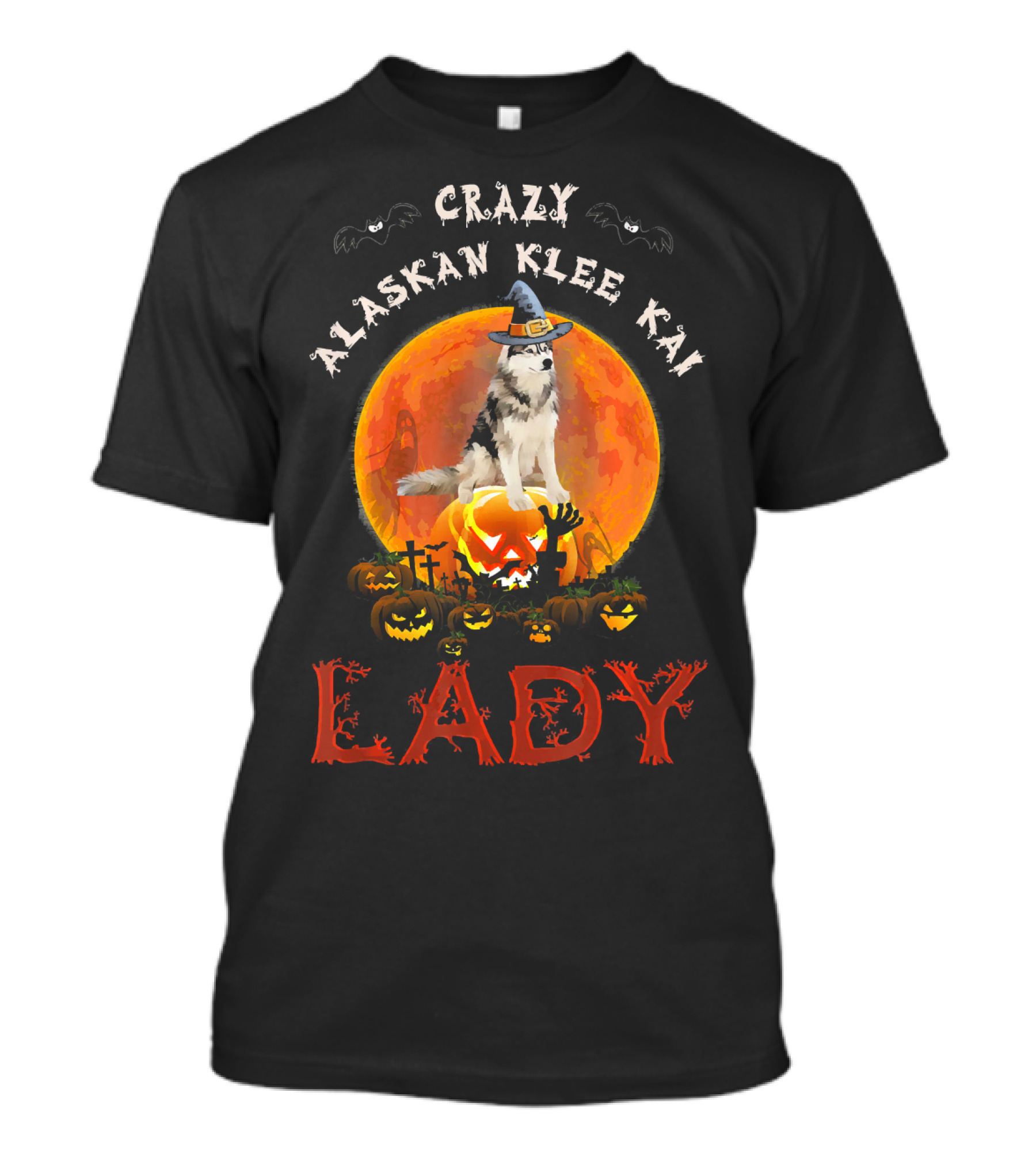 Crazy Alaskan Klee Kai Lady Halloween Moon Pumpkin Graveyard T-Shirt