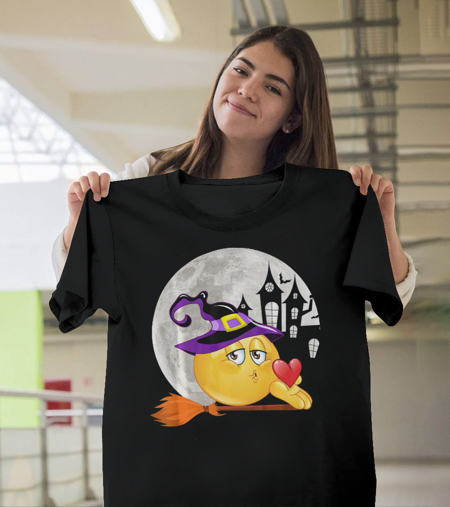 Kissing Face Emoji Witch Hat Broomstick with Heart in Front of Spooky House and Full Moon T-Shirt
