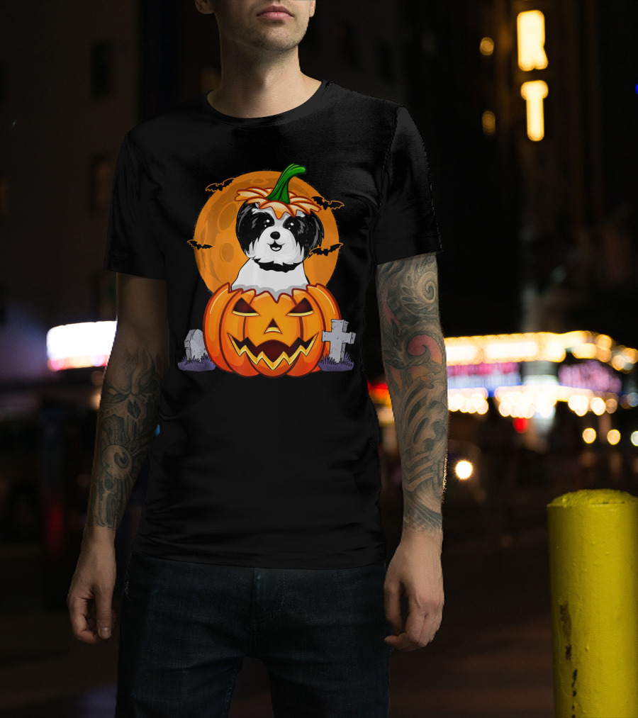 Funny Shih Tzu Pumpkin Halloween Moon Bats Graveyard T-Shirt