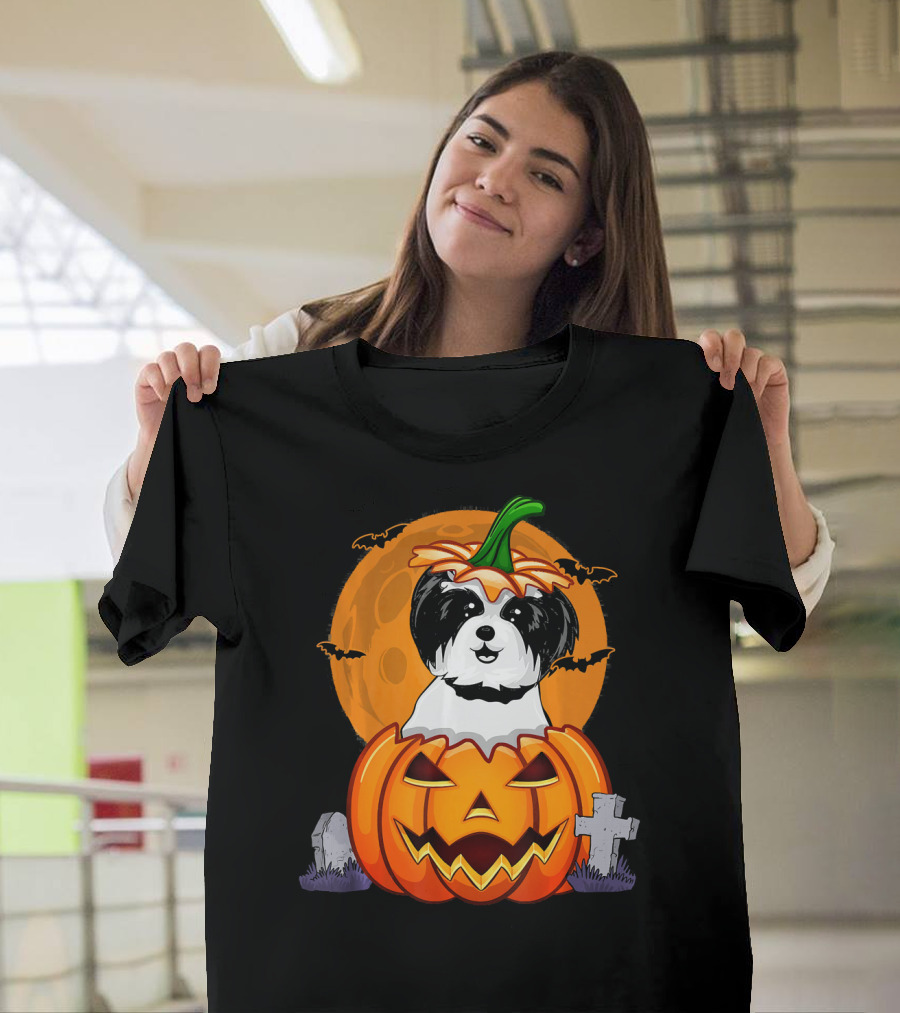 Funny Shih Tzu Pumpkin Halloween Moon Bats Graveyard T-Shirt