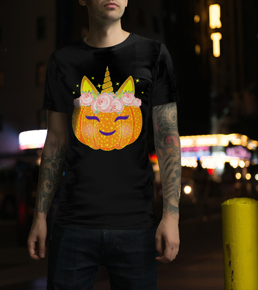 Smiling Unicorn Pumpkin With Flowers And Stars T-Shirt