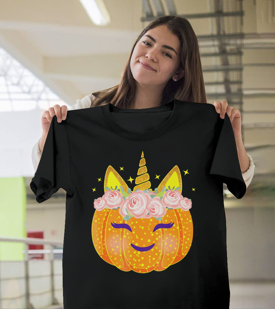 Smiling Unicorn Pumpkin With Flowers And Stars T-Shirt
