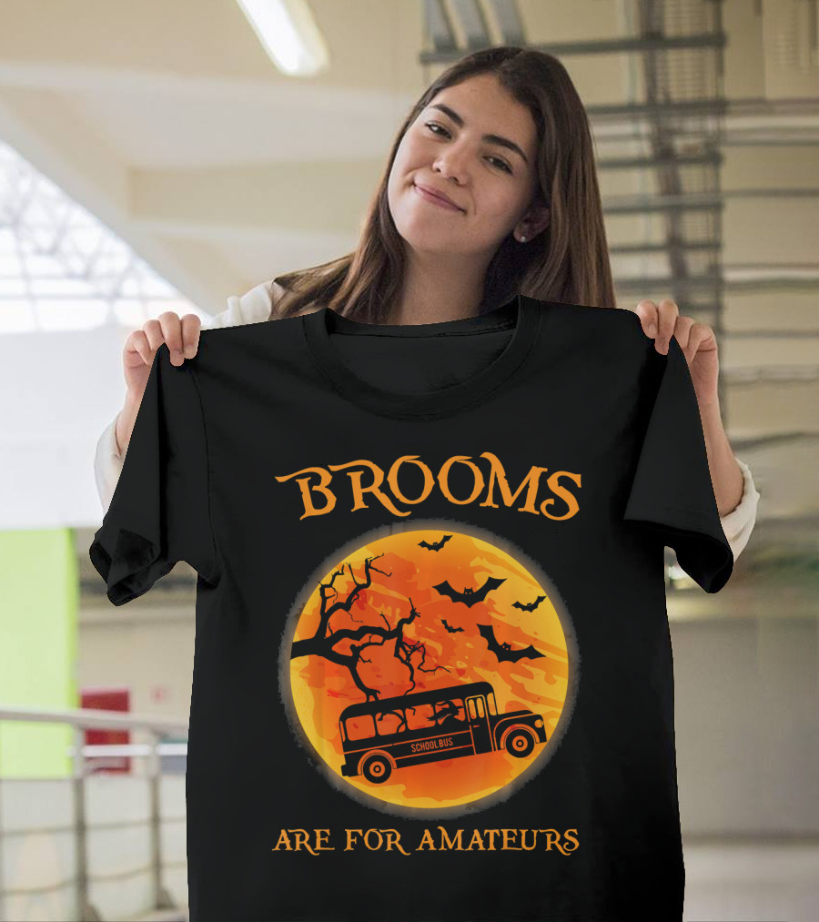 Brooms Are for Amateurs School Bus Halloween Scene T-Shirt