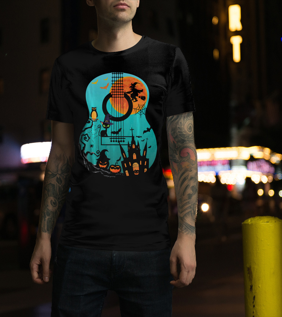 Guitar Lover Scary Halloween Pumpkin Music Witch Castle Cat Owl Bats Moon T-Shirt