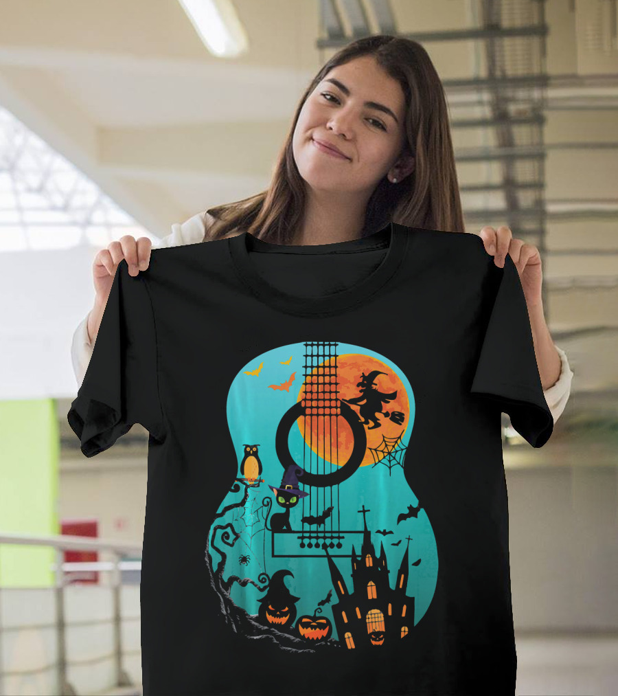 Guitar Lover Scary Halloween Pumpkin Music Witch Castle Cat Owl Bats Moon T-Shirt