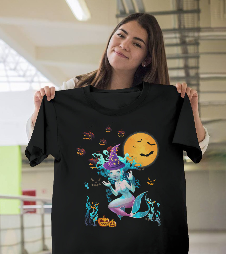 Halloween Mermaid Witch With Pumpkin Lanterns And Moon T-Shirt