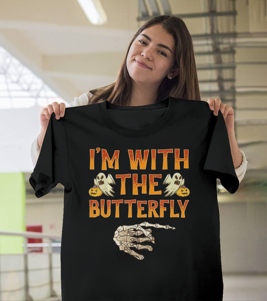 I'm With The Butterfly Ghosts Skeleton Hand Pumpkins T-Shirt