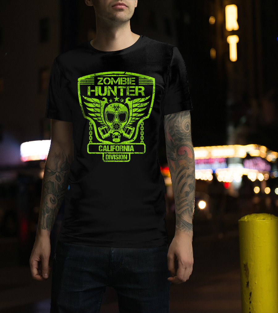 Zombie Hunter California Division Gas Mask Wings Emblem T-Shirt