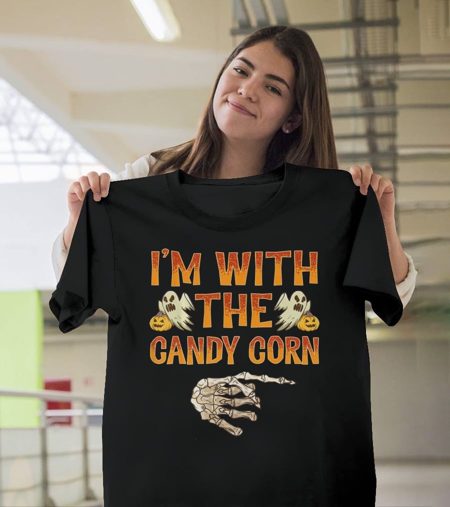 I'm With The Candy Corn Halloween Skeleton Hand Ghosts Pumpkins T-Shirt
