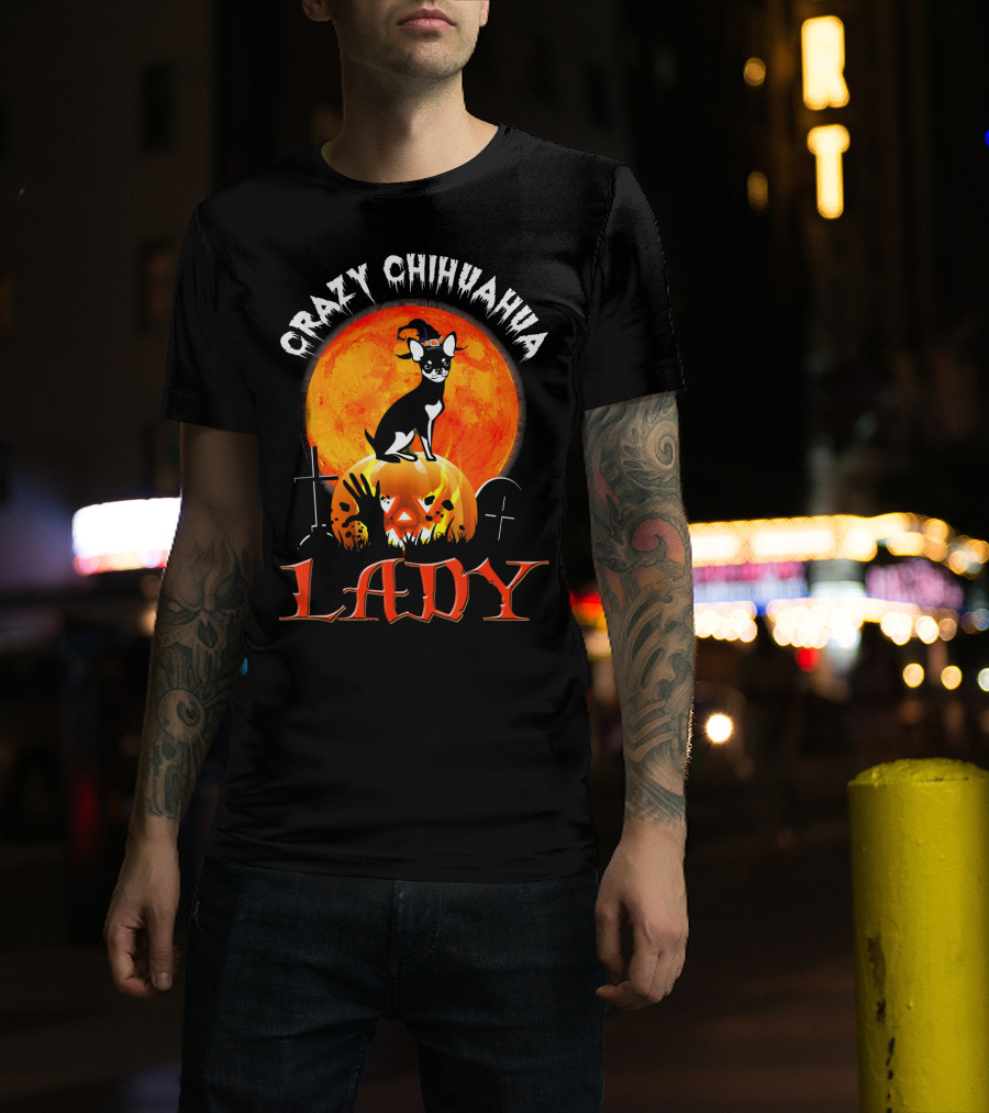 Crazy Chihuahua Lady Halloween Pumpkin Moon T-Shirt