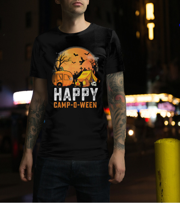 Funny Happy Camp O Ween Camping Halloween Scene With Pumpkin Caravan And Tent T-Shirt