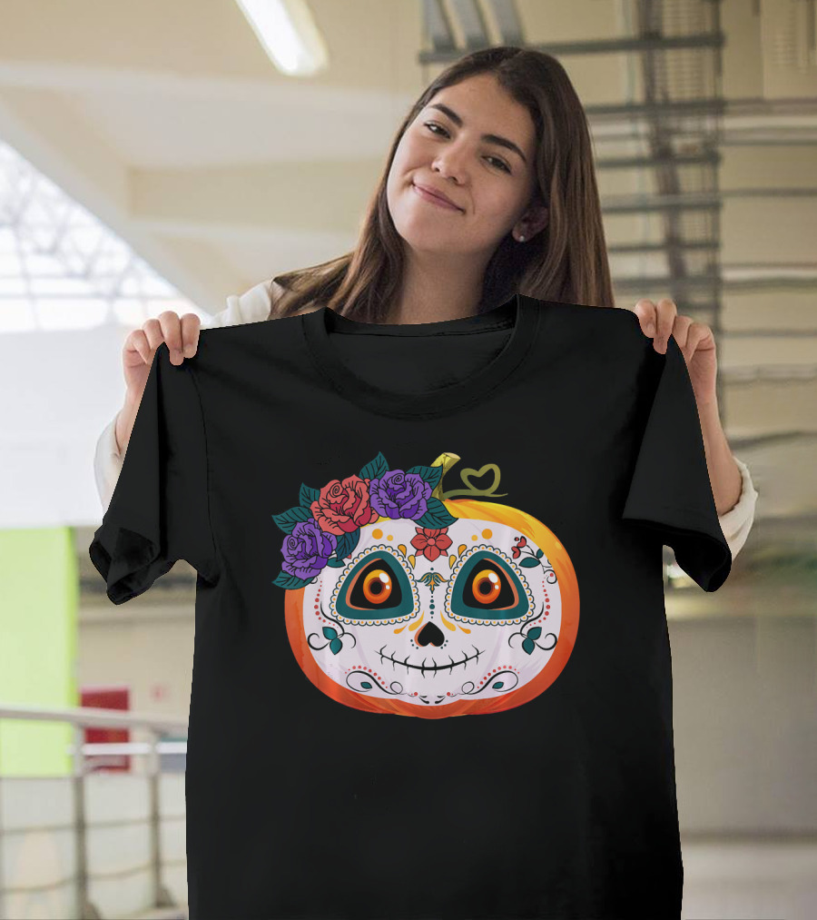 Pumpkin Floral Sugar Skull Jack O Lantern with Flowers T-Shirt