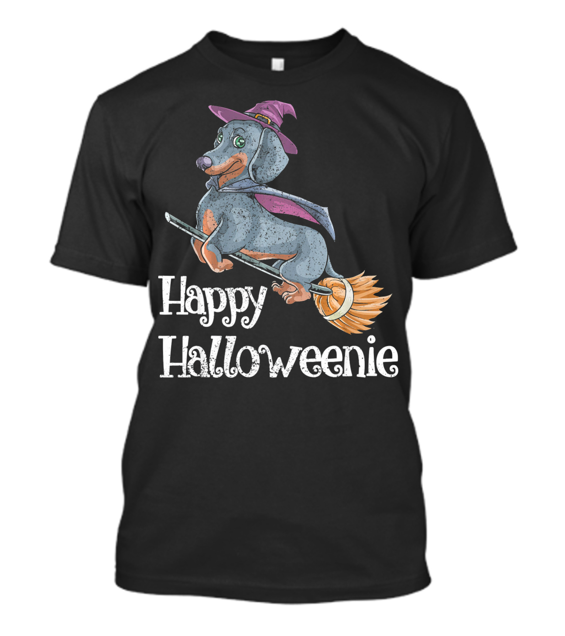 Happy Halloweenie Dachshund Witch Riding Broomstick T-Shirt