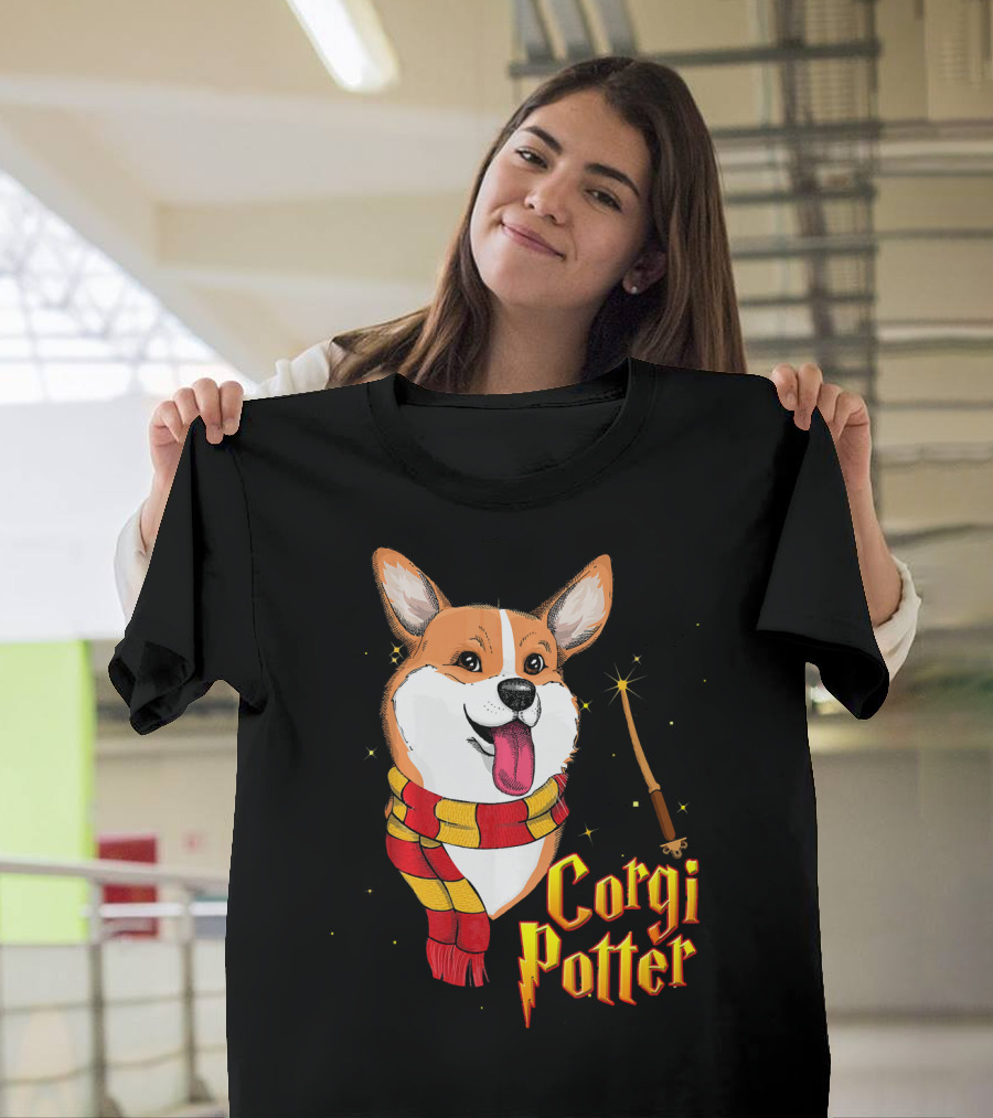 Corgi Potter Cute Harry Pawter Dog with Scarf and Wand T-Shirt