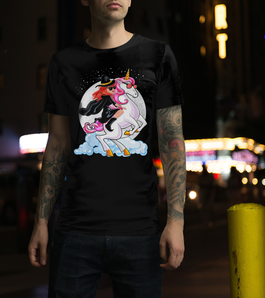 Halloween Witch Riding A Unicorn In Front Of Full Moon T-Shirt