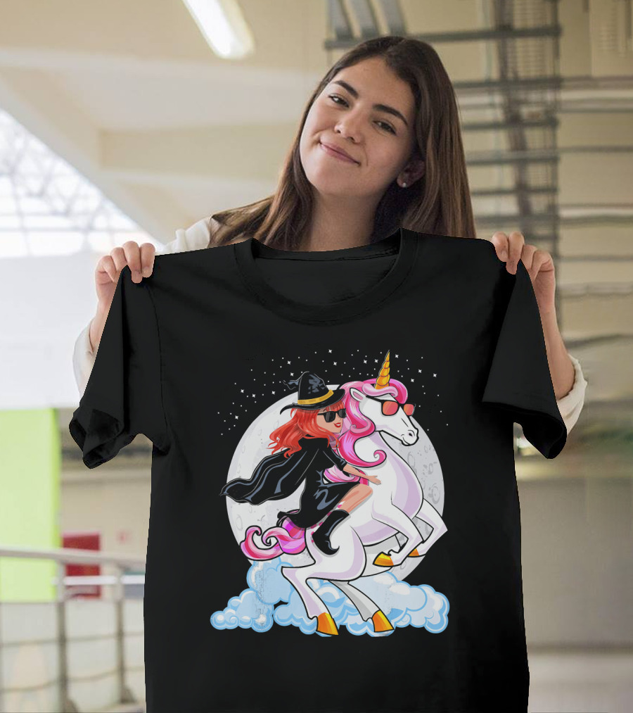 Halloween Witch Riding A Unicorn In Front Of Full Moon T-Shirt
