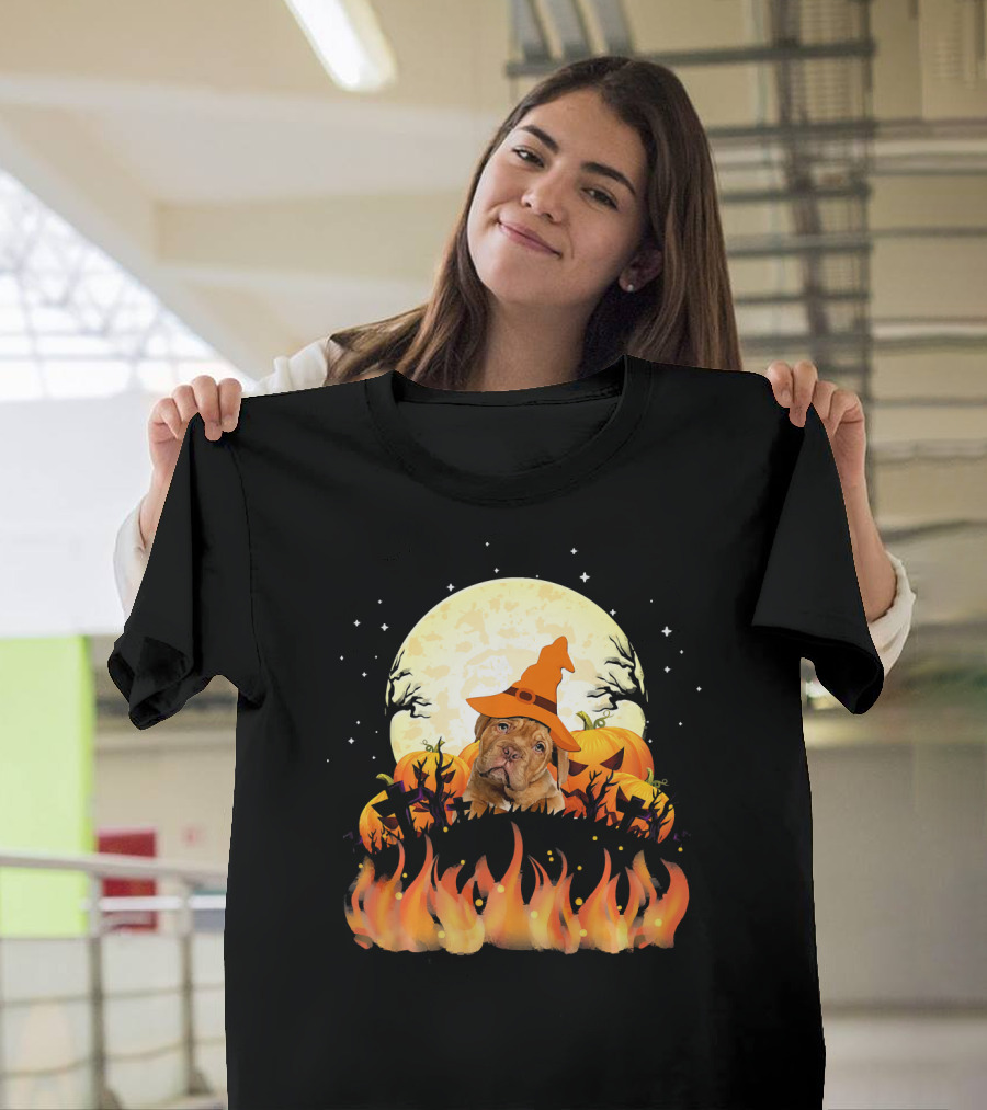 Dogue De Bordeaux Dog Lovers Halloween Full Moon Witch Hat Pumpkin Fire Scene T-Shirt