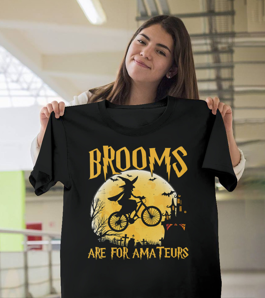 Brooms Are For Amateurs Witch Flying Bike Silhouette Halloween Moon Graveyard T-Shirt