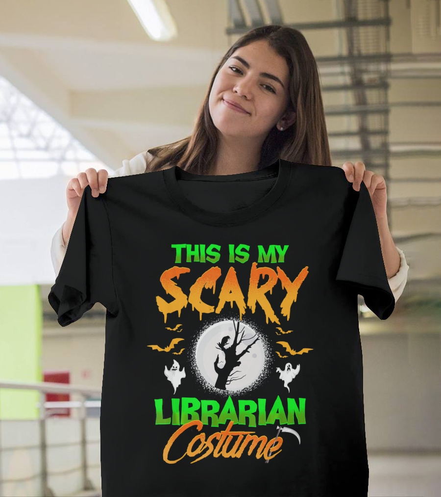 This Is My Scary Librarian Costume Ghosts Bats Moon Grim Reaper Scythe T-Shirt