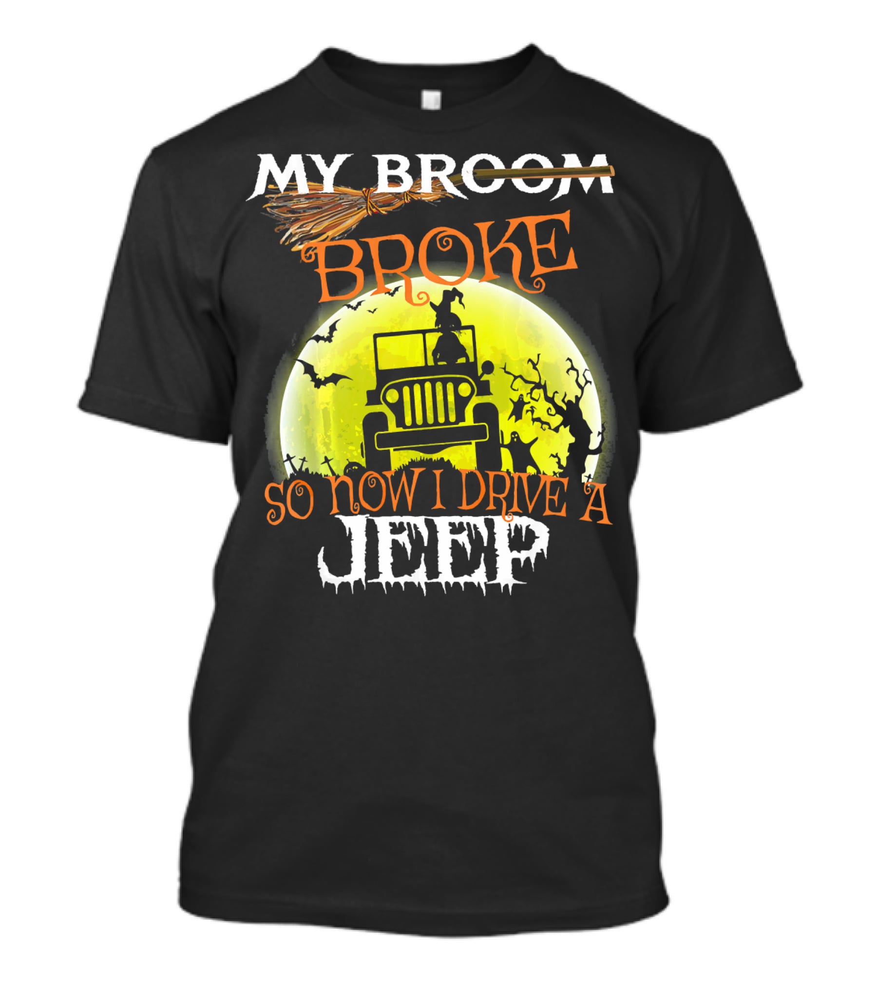 My Broom Broke So Now I Drive A Jeep Halloween Moon Bats T-Shirt