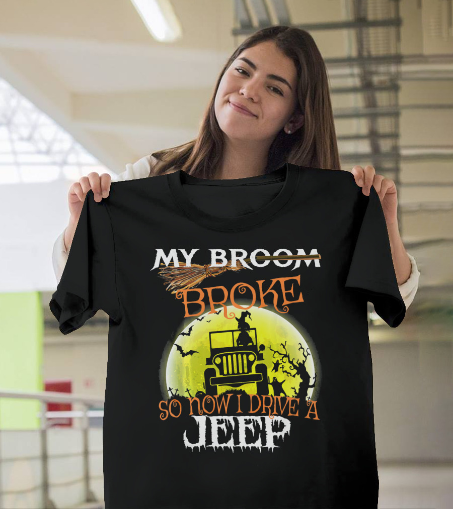 My Broom Broke So Now I Drive A Jeep Halloween Moon Bats T-Shirt