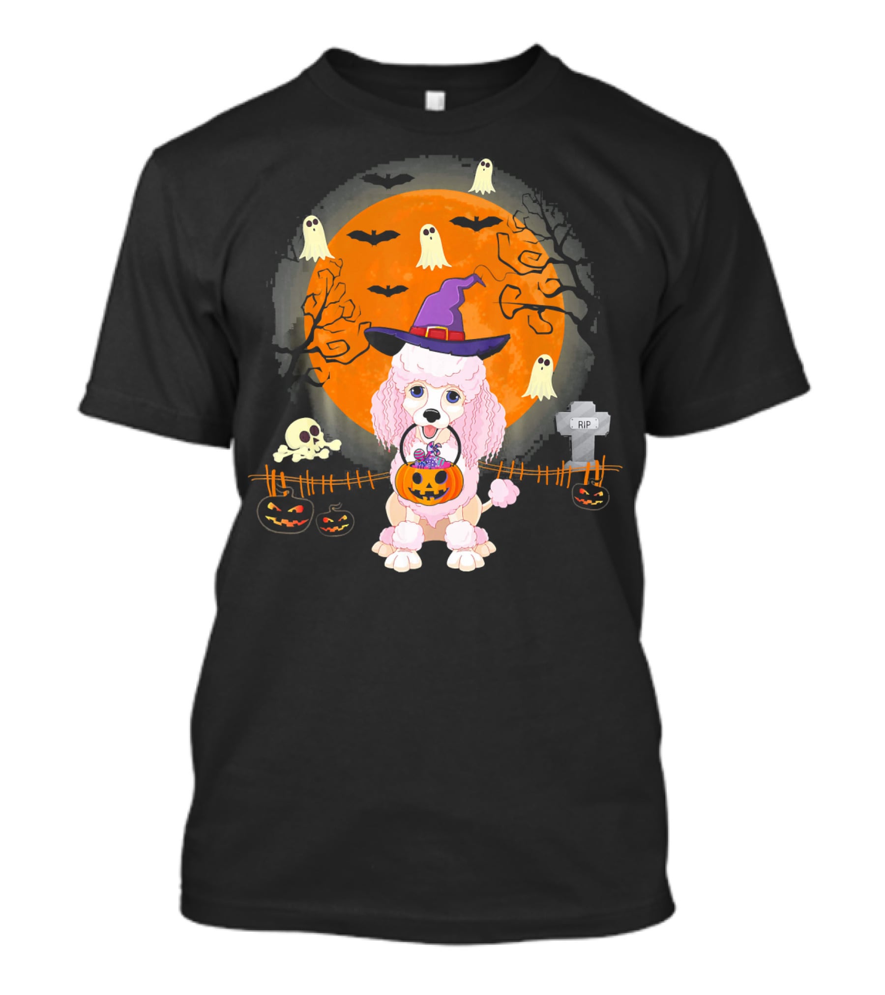 Poodle Dog Witch Halloween Pumpkin Ghosts Bats Graveyard Scene T-Shirt