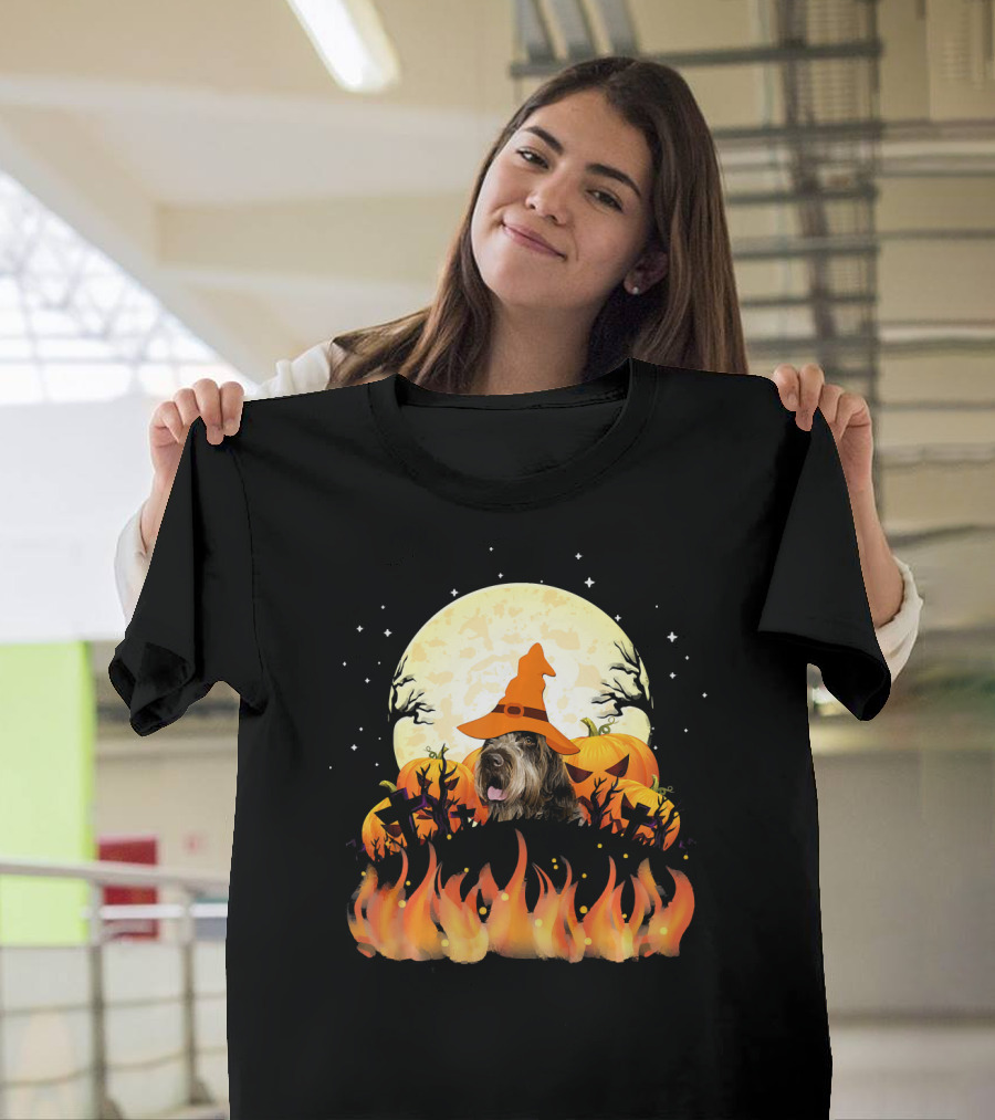 Wirehaired Pointing Griffon Dog Lovers Halloween Witch Hat Pumpkin Fire Moon T-Shirt