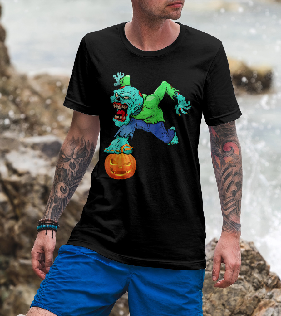 Zombie Leaping Over Grinning Pumpkin T-Shirt