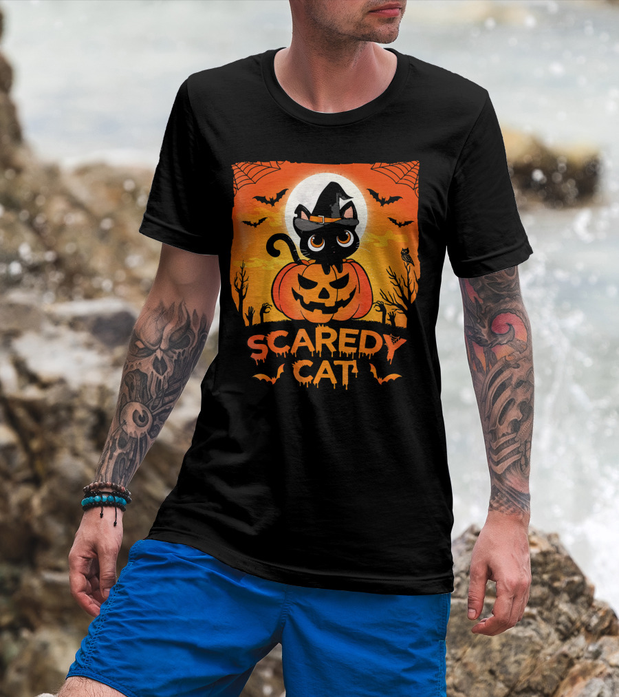 Scaredy Cat Halloween Kitten On Pumpkin With Witch Hat And Bats T-Shirt
