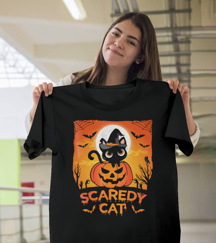 Scaredy Cat Halloween Kitten On Pumpkin With Witch Hat And Bats T-Shirt