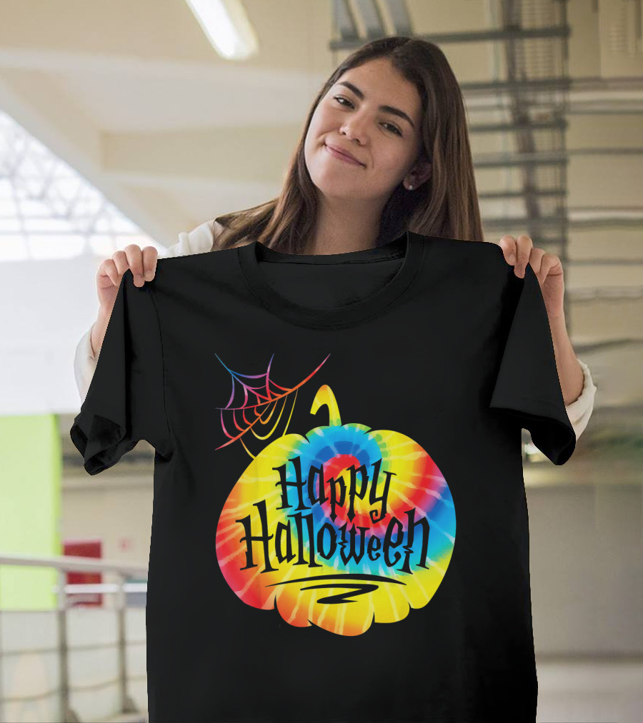 Tie Dye Pumpkin Happy Halloween Spiderweb T-Shirt