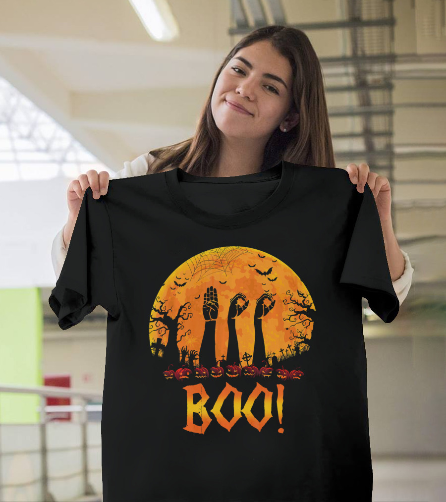 BOO ASL Sign Language with Zombie Hands and Spooky Halloween Moon T-Shirt