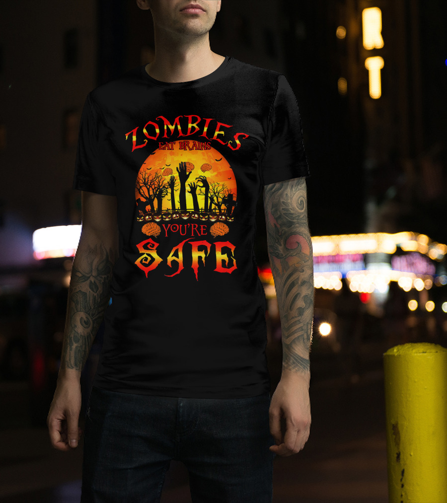 Zombies Eat Brains You're Safe Halloween Rising Hands And Brains Silhouette Sunset T-Shirt