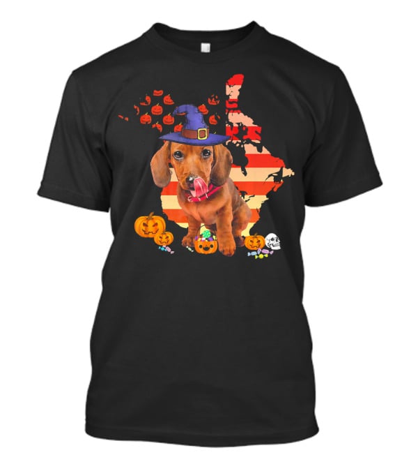 Halloween Witch Hat Daschund Dog With Pumpkin And Candy Canada Map T-Shirt
