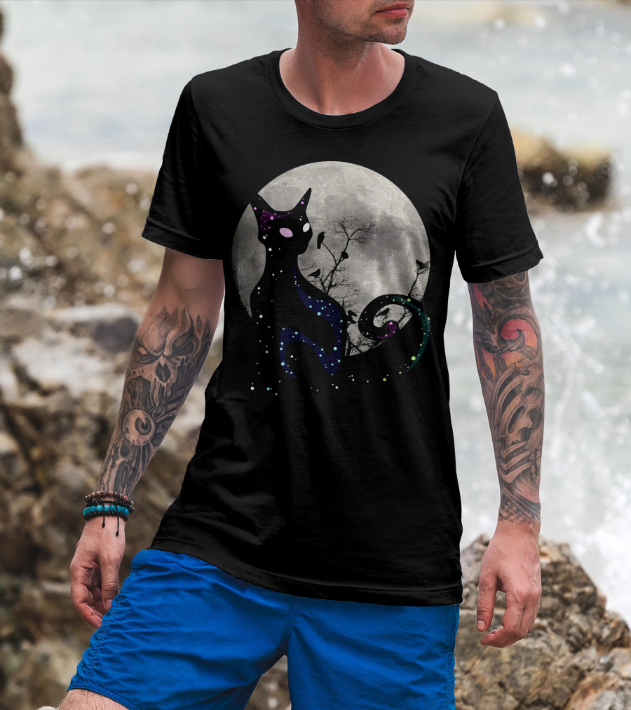 Halloween Cat Scary Black Cat Gothic Full Moon Night Sky T-Shirt