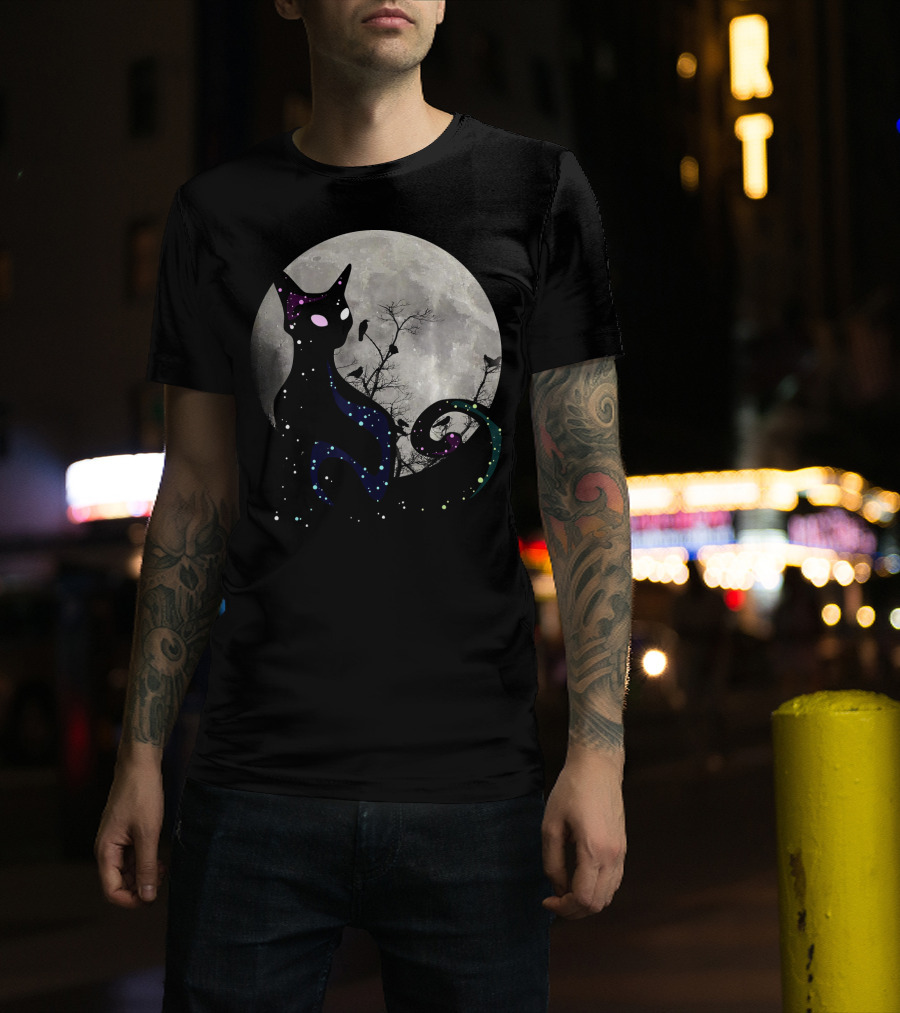 Halloween Cat Scary Black Cat Gothic Full Moon Night Sky T-Shirt
