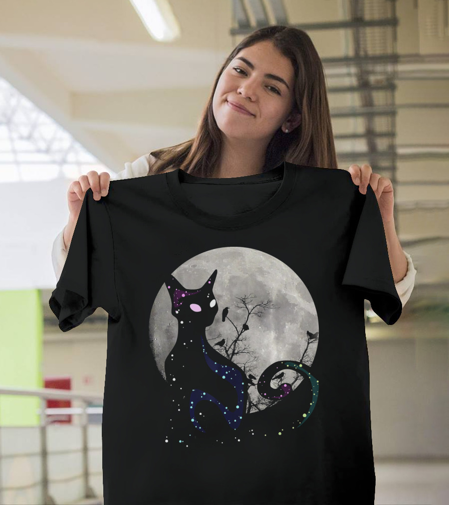 Halloween Cat Scary Black Cat Gothic Full Moon Night Sky T-Shirt
