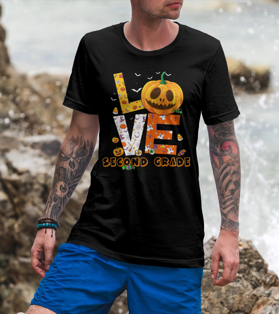 Love Second Grade Funny Halloween Pumpkin Kids T-Shirt
