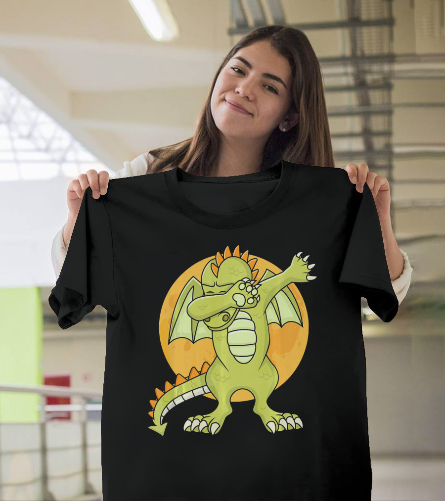 Halloween Dabbing Dragon With Orange Moon Background T-Shirt