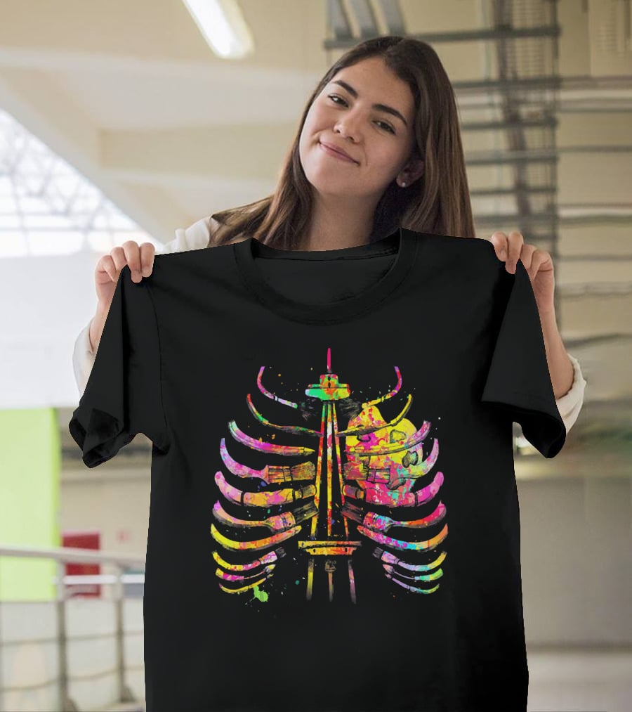 Colorful Seattle Space Needle Skeleton Ribcage Halloween T-Shirt