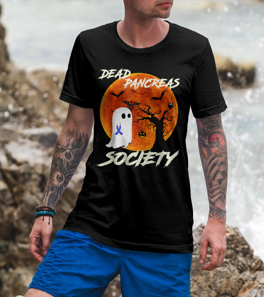 Dead Pancreas Society Ghost Halloween Moon Bats Pumpkin T-Shirt